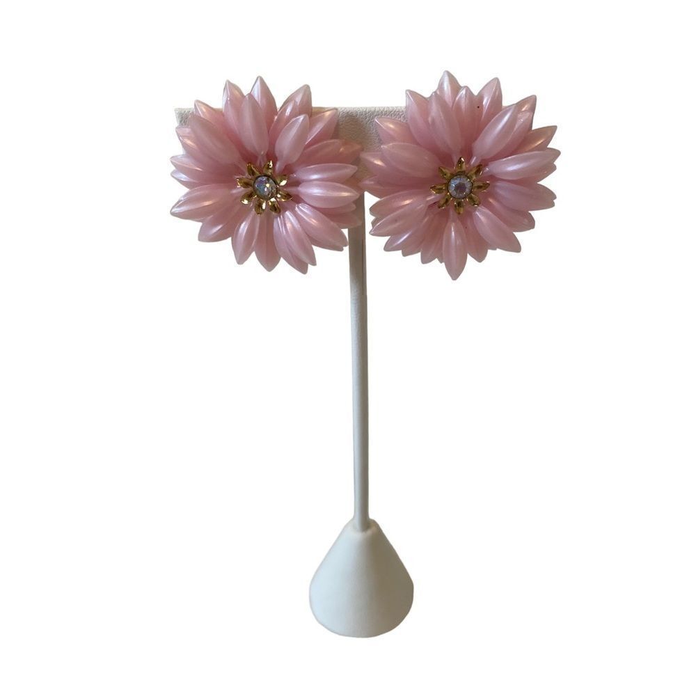Coro Signed Vintage Soft Acrylic Pink Flower Clip-On Earrings.
